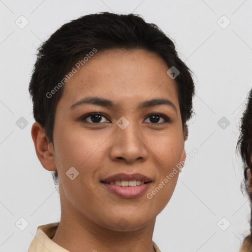 Joyful asian young-adult female with short  brown hair and brown eyes