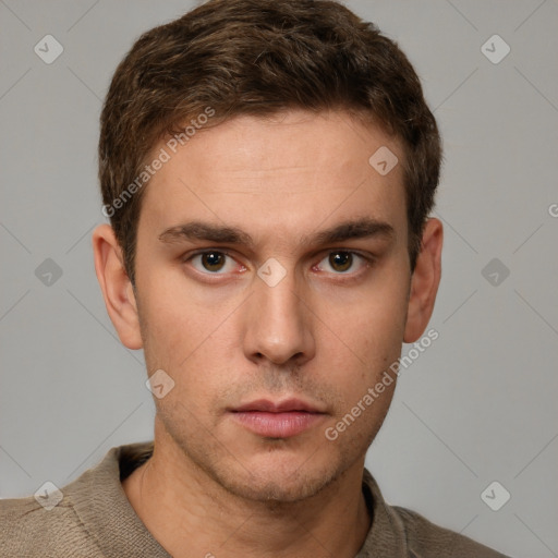 Neutral white young-adult male with short  brown hair and grey eyes