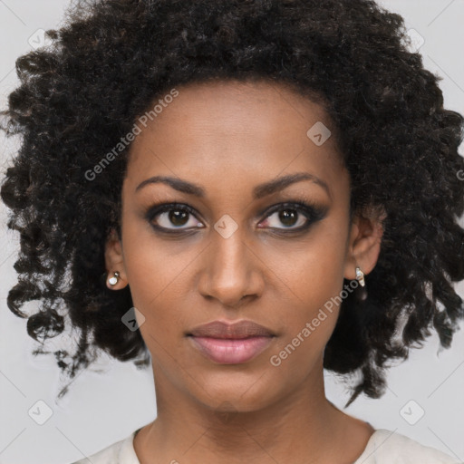 Neutral black young-adult female with medium  brown hair and brown eyes