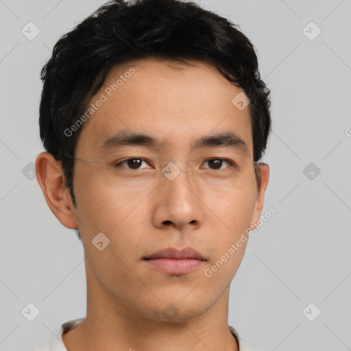 Neutral asian young-adult male with short  brown hair and brown eyes