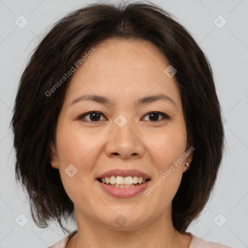 Joyful white young-adult female with medium  brown hair and brown eyes