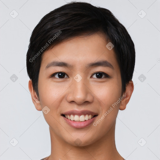 Joyful asian young-adult female with short  black hair and brown eyes