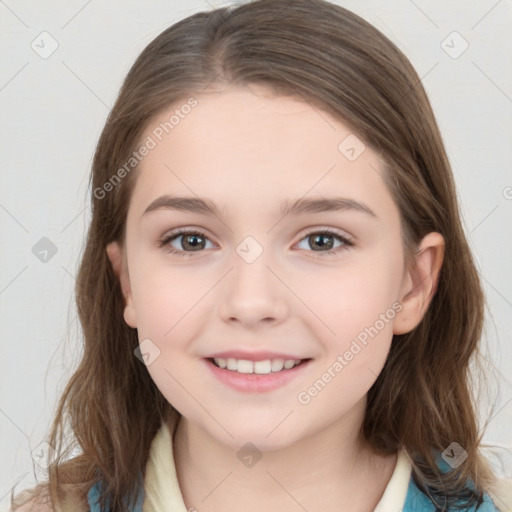 Joyful white child female with medium  brown hair and brown eyes