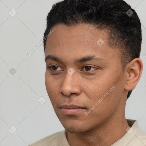 Neutral latino young-adult male with short  black hair and brown eyes