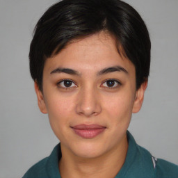 Joyful asian young-adult female with short  brown hair and brown eyes