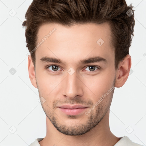 Neutral white young-adult male with short  brown hair and brown eyes