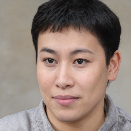 Neutral asian young-adult male with short  brown hair and brown eyes
