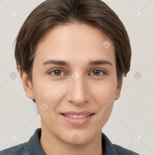 Joyful white young-adult female with short  brown hair and brown eyes