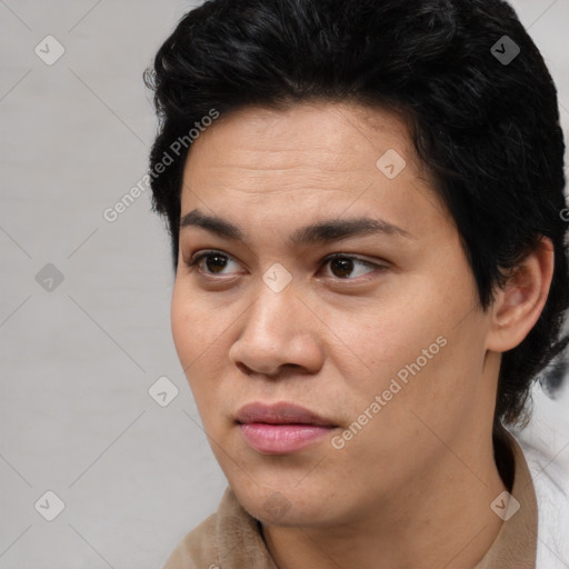 Joyful asian young-adult female with short  black hair and brown eyes