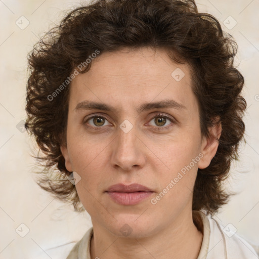 Joyful white young-adult female with medium  brown hair and green eyes