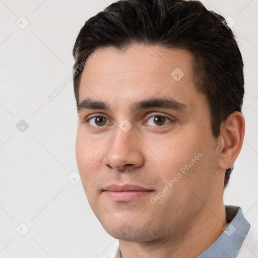 Neutral white young-adult male with short  brown hair and brown eyes