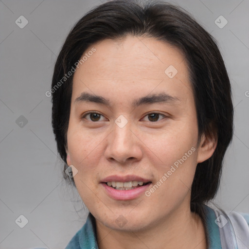 Joyful white young-adult female with medium  brown hair and brown eyes