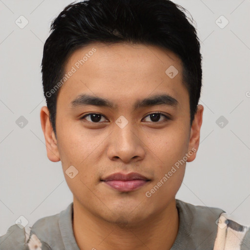 Neutral asian young-adult male with short  black hair and brown eyes