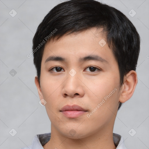 Neutral asian young-adult male with short  black hair and brown eyes