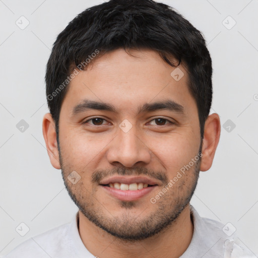 Joyful white young-adult male with short  black hair and brown eyes