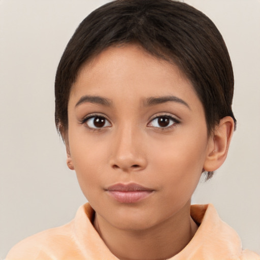 Neutral latino young-adult female with short  brown hair and brown eyes