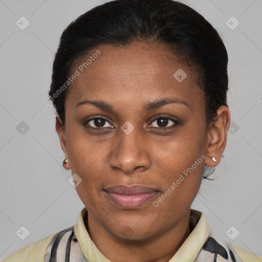 Joyful latino adult female with short  brown hair and brown eyes