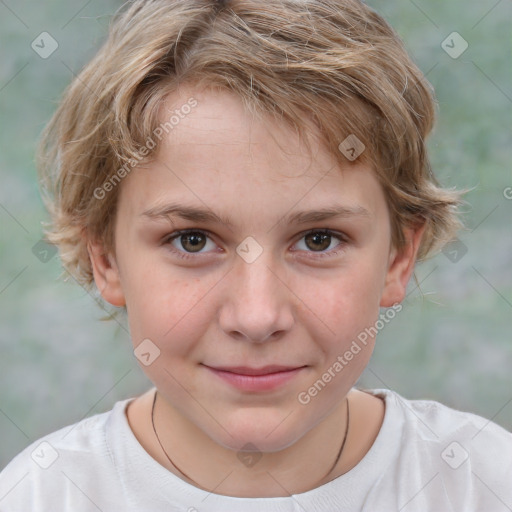 Joyful white child female with medium  brown hair and brown eyes