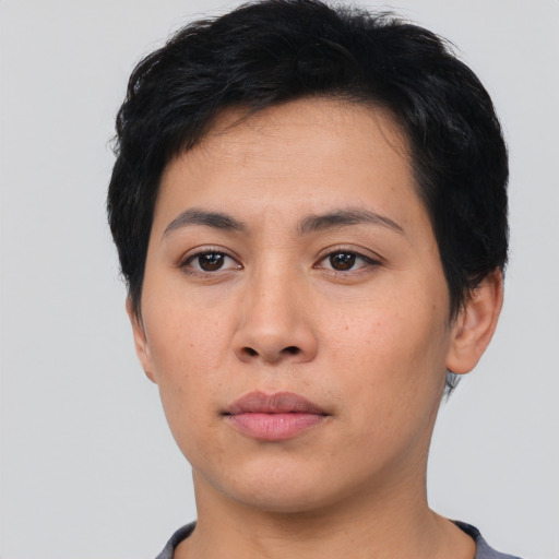 Neutral asian young-adult female with short  black hair and brown eyes