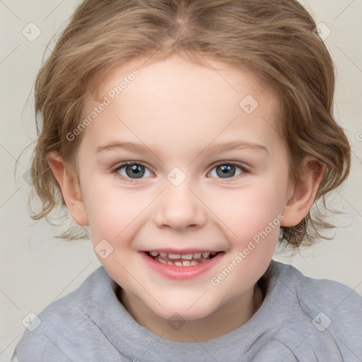 Joyful white child female with medium  brown hair and grey eyes