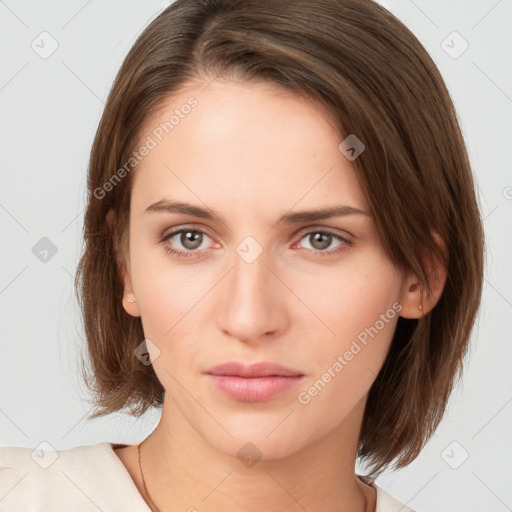 Neutral white young-adult female with medium  brown hair and brown eyes