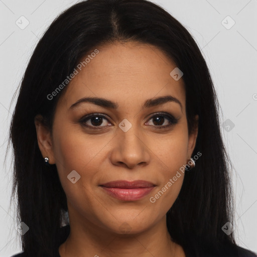 Joyful latino young-adult female with long  brown hair and brown eyes