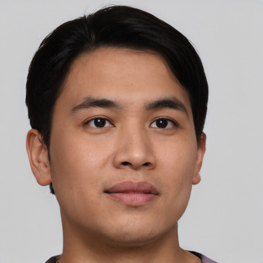 Neutral asian young-adult male with short  brown hair and brown eyes