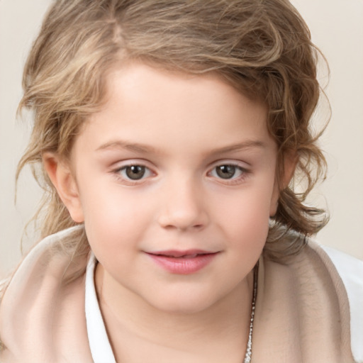 Joyful white child female with medium  brown hair and brown eyes