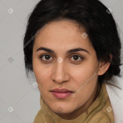 Joyful latino young-adult female with long  brown hair and brown eyes