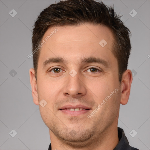 Joyful white young-adult male with short  brown hair and brown eyes