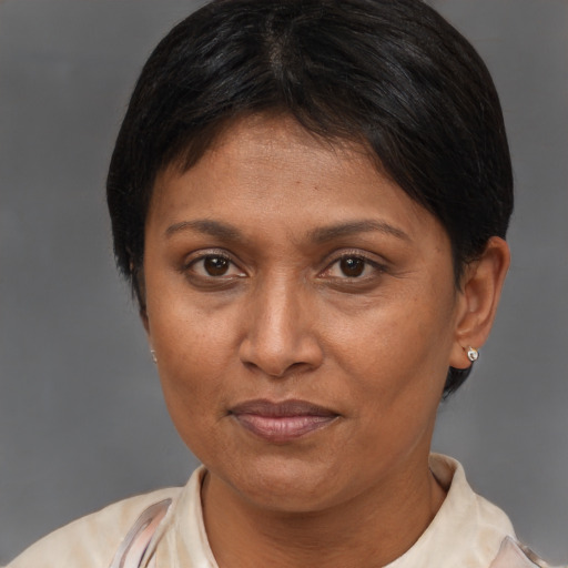 Joyful asian adult female with short  brown hair and brown eyes