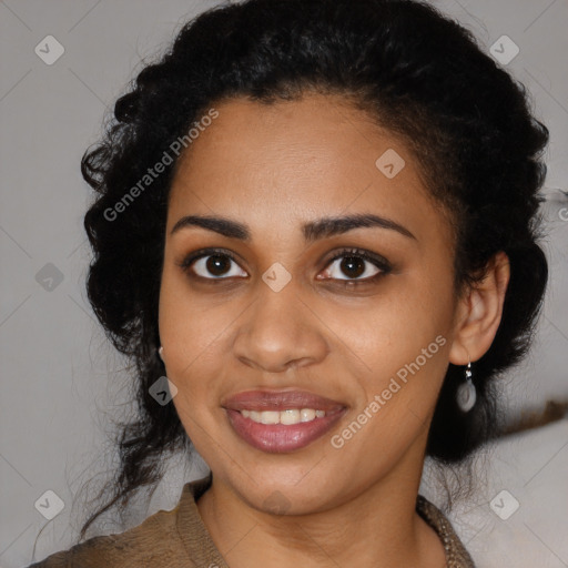 Joyful latino young-adult female with medium  black hair and brown eyes