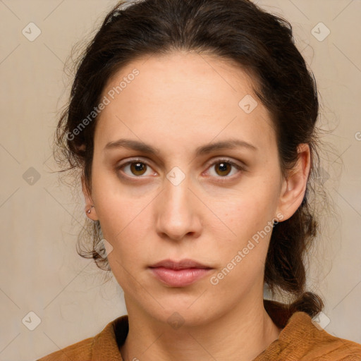 Neutral white young-adult female with medium  brown hair and brown eyes