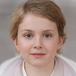 Joyful white child female with medium  brown hair and grey eyes