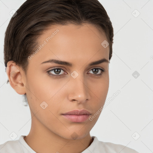 Neutral white young-adult female with short  brown hair and brown eyes