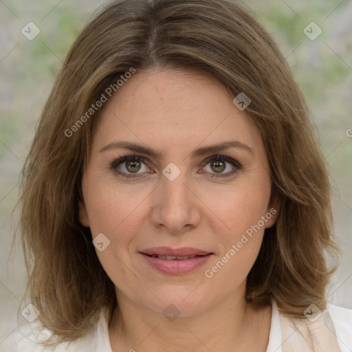 Joyful white young-adult female with medium  brown hair and green eyes