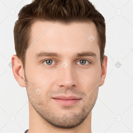 Neutral white young-adult male with short  brown hair and brown eyes