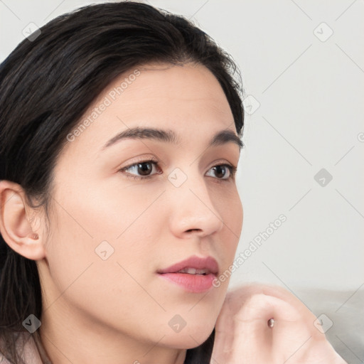 Neutral white young-adult female with long  brown hair and brown eyes