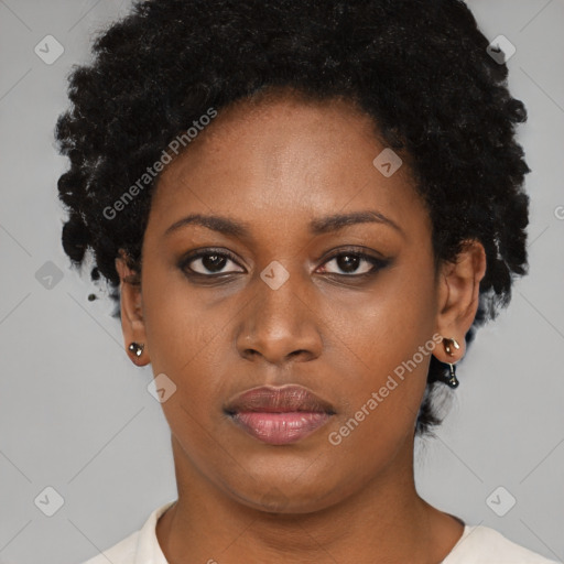 Neutral black young-adult female with short  black hair and brown eyes