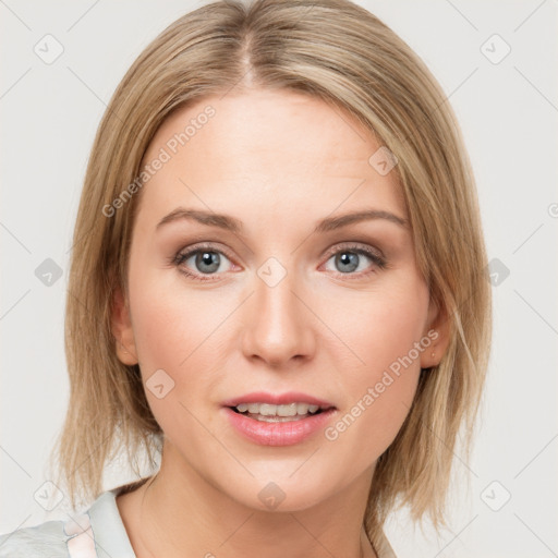 Joyful white young-adult female with medium  brown hair and blue eyes