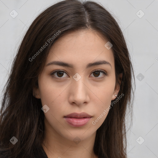 Neutral white young-adult female with long  brown hair and brown eyes