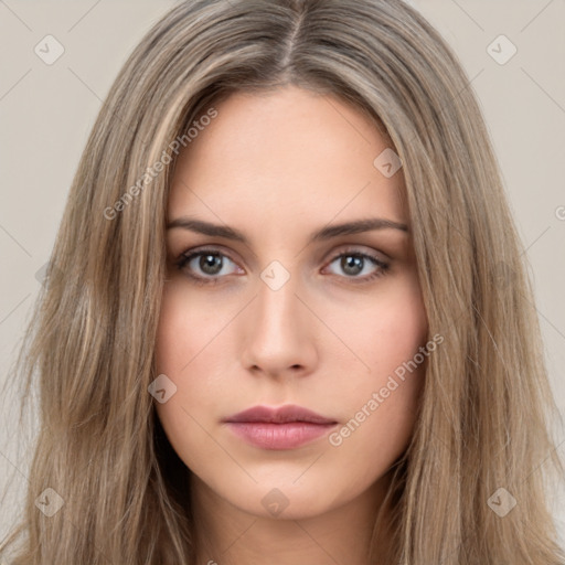 Neutral white young-adult female with long  brown hair and brown eyes