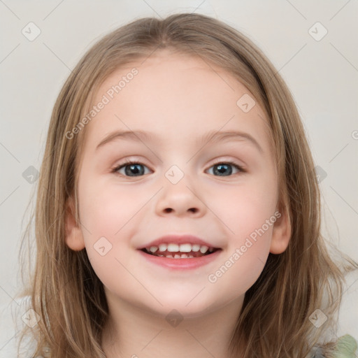 Joyful white child female with medium  brown hair and grey eyes