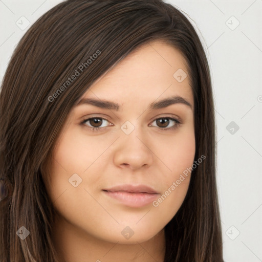 Neutral white young-adult female with long  brown hair and brown eyes