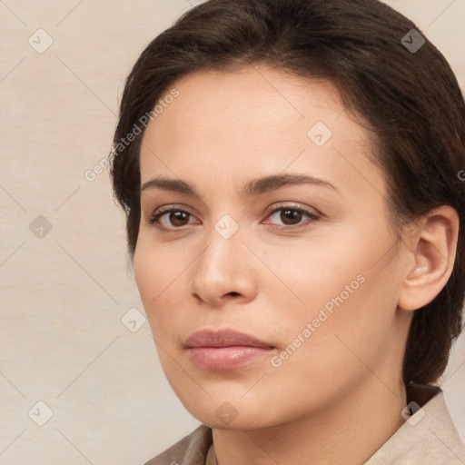 Neutral white young-adult female with medium  brown hair and brown eyes