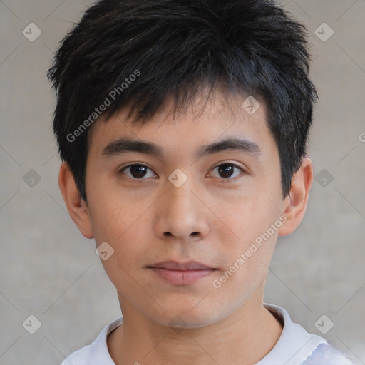 Neutral asian young-adult male with short  black hair and brown eyes