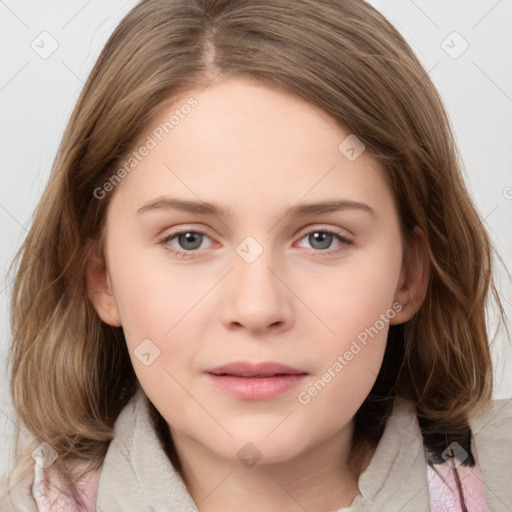 Neutral white young-adult female with medium  brown hair and grey eyes