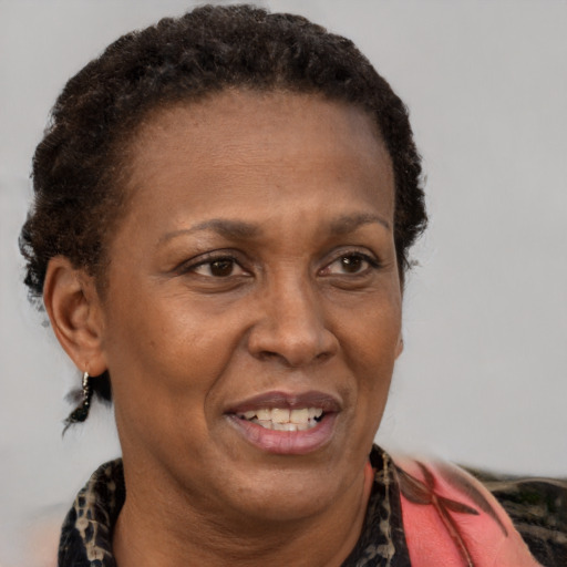 Joyful black adult female with medium  brown hair and brown eyes