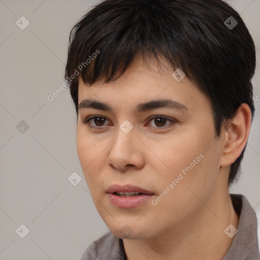 Joyful white young-adult female with medium  brown hair and brown eyes