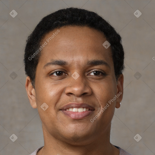 Joyful black young-adult male with short  brown hair and brown eyes